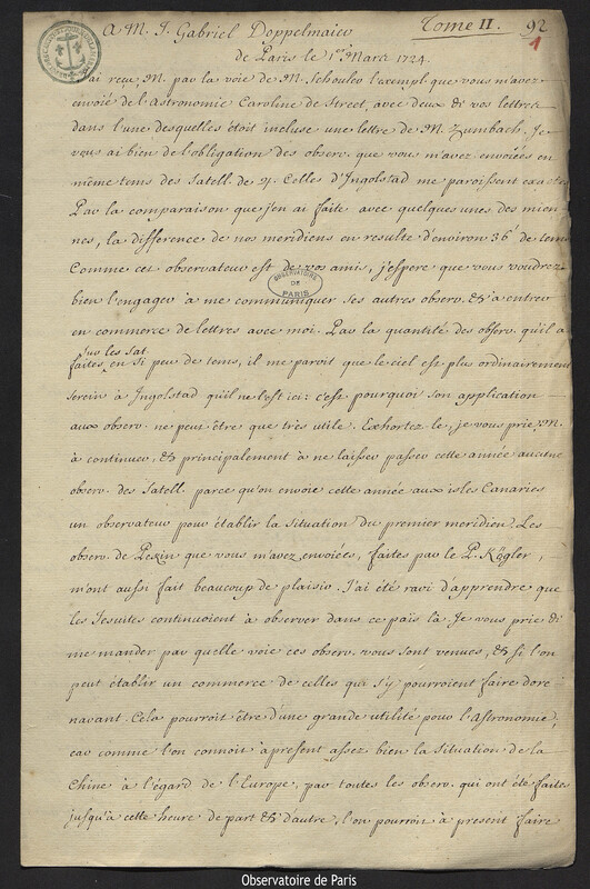 Lettre de Joseph-Nicolas Delisle à Johann Gabriel Doppelmayr, Paris, 1 mars 1724