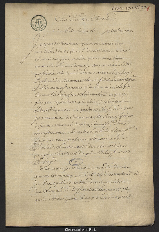 Lettre de Joseph-Nicolas Delisle à Jean-Jacques Du Chatelard, Saint-Pétersbourg, septembre 1743