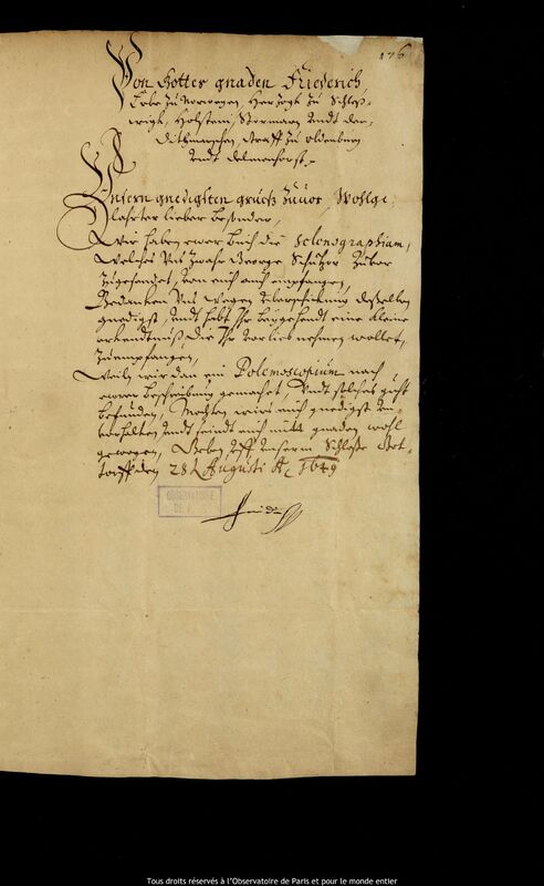 Lettre de Frédéric III (duc du Schleswig-Holstein-Gottorf) à Jan Heweliusz, Gottorf, 28 août 1649