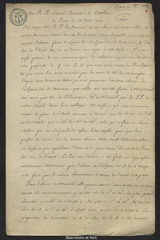 Lettre de Joseph-Nicolas Delisle à Antoine-François Laval, Paris, 25 juin 1724