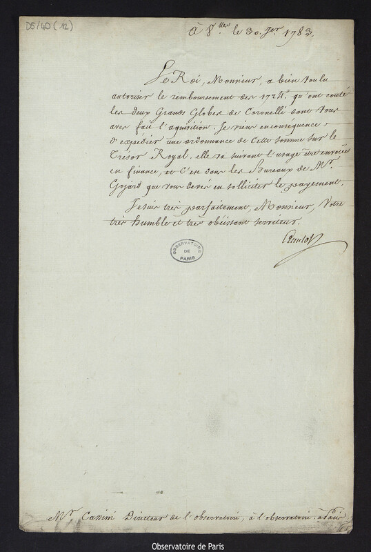 Lettre d'Antoine-Jean Amelot à Cassini IV, à Versailles le 30 janvier 1783