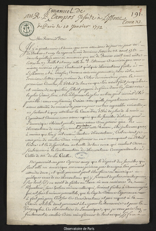 Lettre de Joseph-Nicolas Delisle à Emmanuel de Campos, Paris, 10 janvier 1752