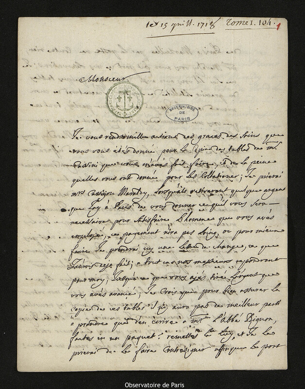 Lettre de Louis Feuillée à Joseph-Nicolas Delisle, Marseille, 15 juillet 1718