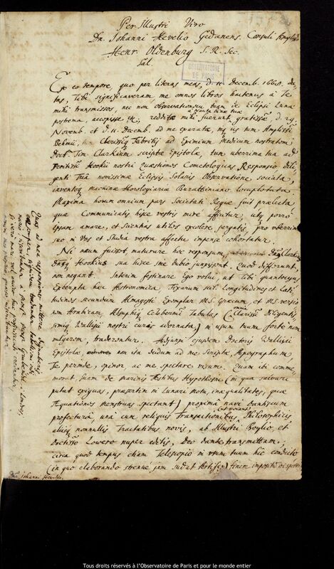 Lettre de Henry Oldenburg à Jan Heweliusz, Londres, 23 janvier 1669