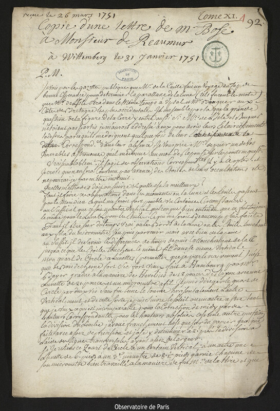 Lettre de Georg Matthias Bose à René Antoine Ferchault de Réaumur, Wittenberg, 31 janvier 1751