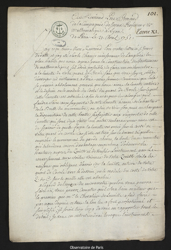 Lettre de Joseph-Nicolas Delisle à Laurent Béraud, Paris, 21 avril 1751