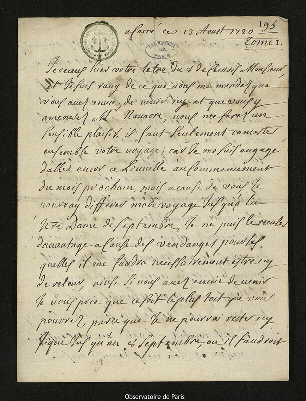 Lettre de Jacques d'Allonville de Louville à Joseph-Nicolas Delisle, Lieu-dit Le Clos du Petit Carré, 13 août 1720