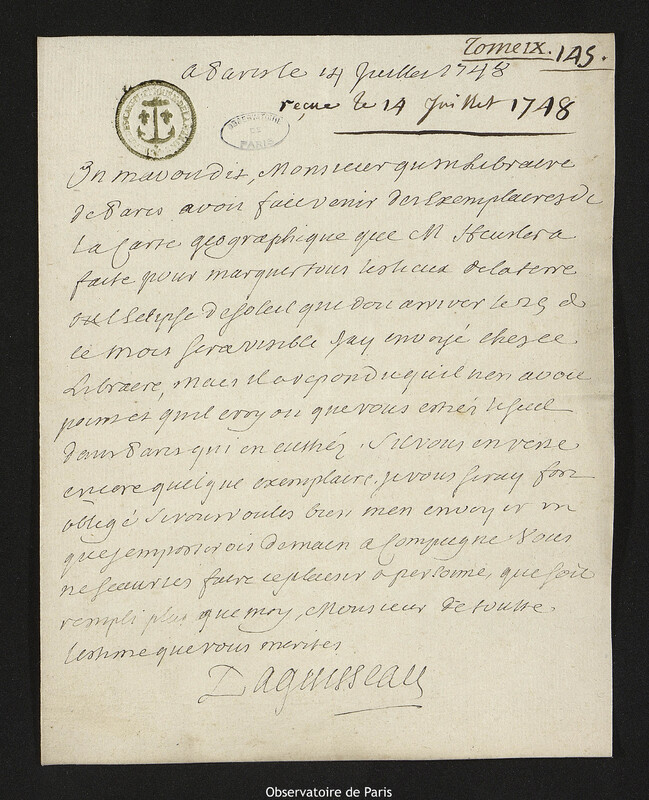 Lettre de Henri-François d'Aguesseau à Joseph-Nicolas Delisle, Paris, 14 juillet 1748