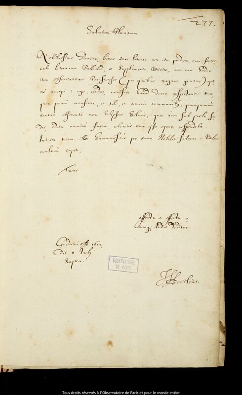 Lettre de Jan Heweliusz à Pierre Des Noyers, Gdansk, 8 juillet 1652