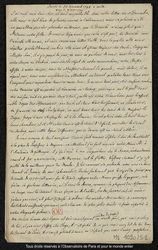 Lettre du baron Franz Xaver von Zach à Joseph Jérôme Le françois de Lalande [Gotha], 31 décembre 1798