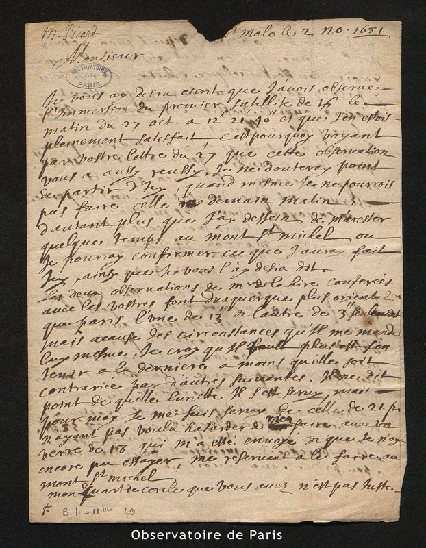 Lettre de Picard à Cassini I, Saint-Malo le 2 novembre 1681