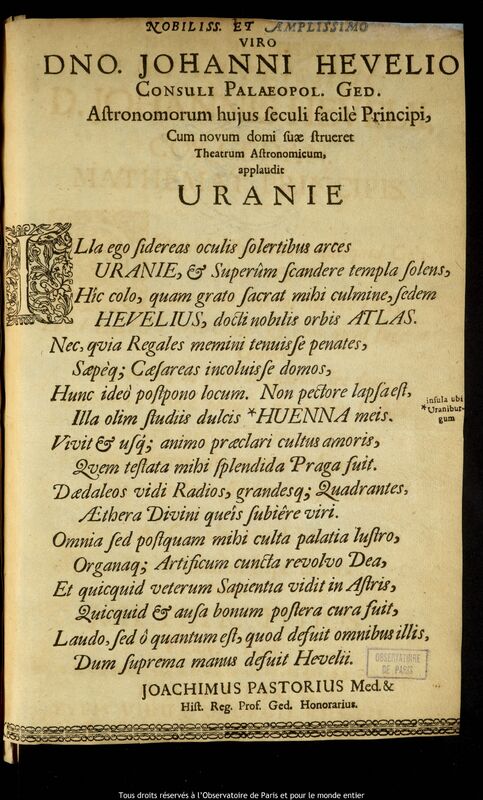 Texte imprimé de Joachim Pastorius à Jan Heweliusz, Gdansk, 1655-1658