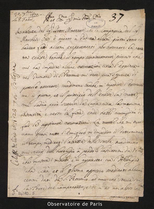 Lettre de Fabri à Cassini I, Bologne le 30 septembre 1670