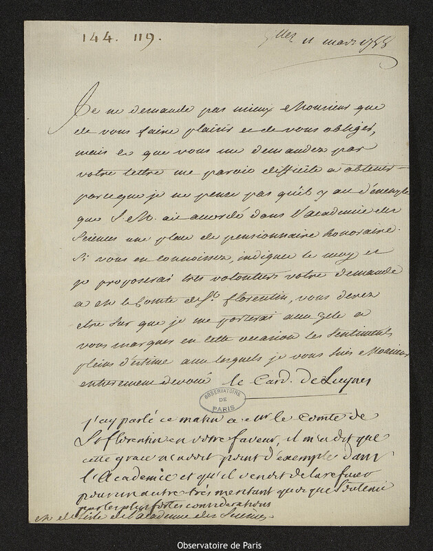 Lettre de Paul d'Albert de Luynes à Joseph-Nicolas Delisle, Versailles, 11 mars 1758