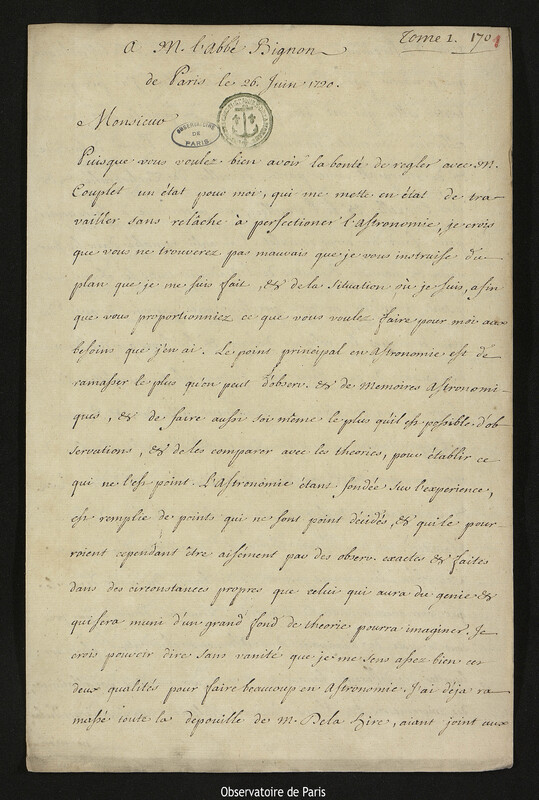 Lettre de Joseph-Nicolas Delisle à Jean-Paul Bignon, Paris, 26 juin 1720