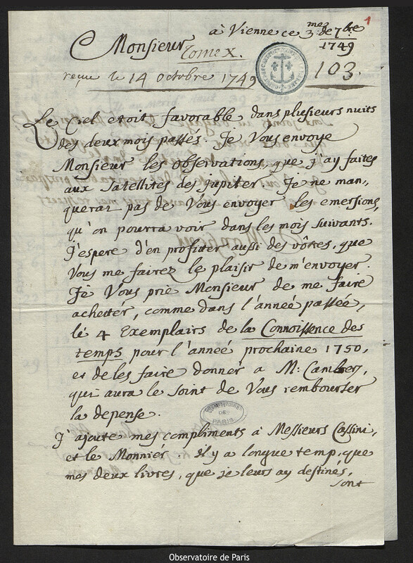 Lettre de Giovanni Giacomo Marinoni à Joseph-Nicolas Delisle, Vienne, 3 septembre 1749