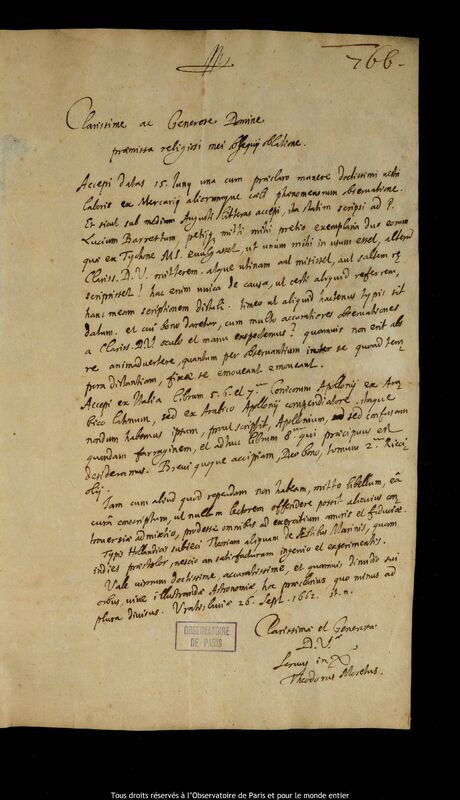 Lettre de Theodor Moret à Jan Heweliusz, Wroclaw, 26 septembre 1662