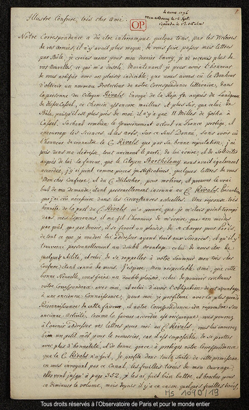 Lettre du baron Franz Xaver von Zach à Joseph Jérôme Le françois de Lalande [Gotha], 4 août 1796