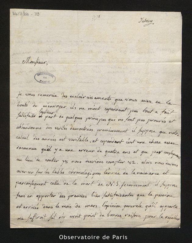 Lettre de Du Bourg (l'abbé) à Cassini IV, Paris le 7 août 1788