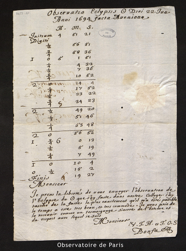 Lettre de Bonfa à Cassini [I], en 1694