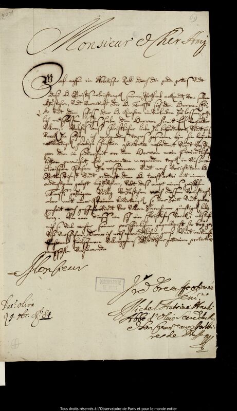 Lettre de Michal Antoni Hacki à Jan Heweliusz, Oliwa, 9 septembre 1684