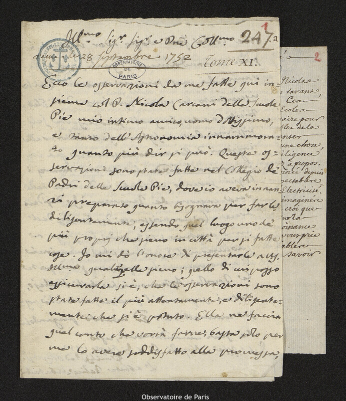 Lettre de Felice Sabatelli à Joseph-Nicolas Delisle, Paris, 5 août 1752