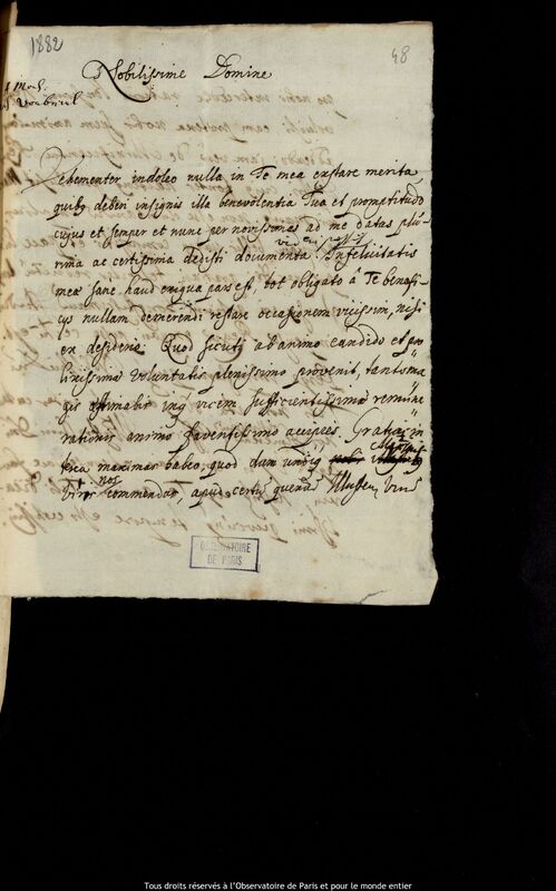 Lettre de Jan Heweliusz à Pierre de Girardin, Gdansk, 1678