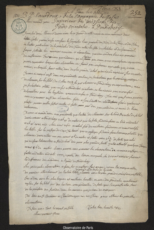 Lettre de Joseph-Nicolas Delisle à Gaston-Laurent Coeurdoux, Paris, 13 octobre 1752