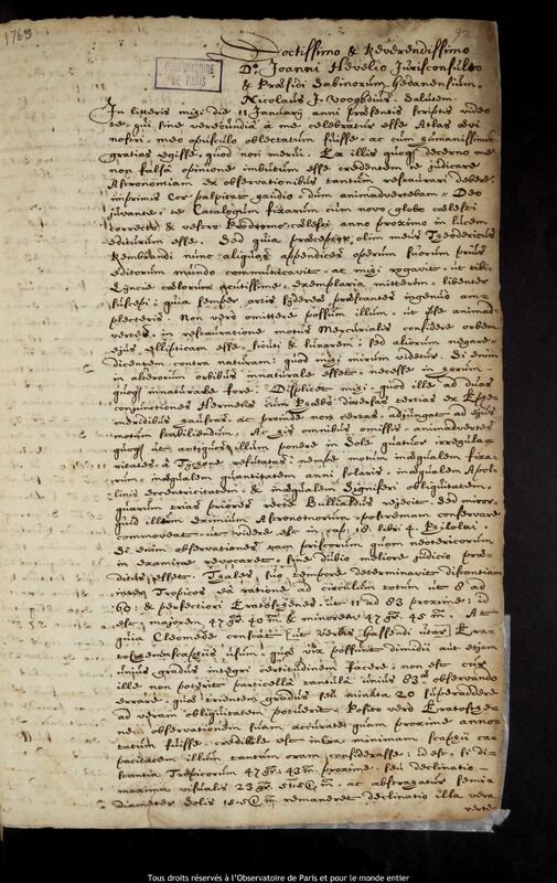 Lettre de Claes Jansz Vooght à Jan Heweliusz, Monnickendam, 12 juin 1677