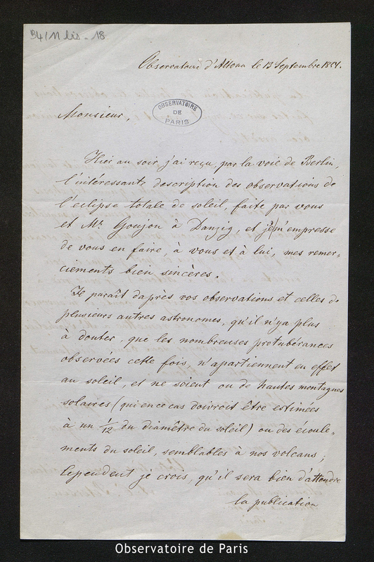 Lettre d'A. C. Petersen à Mauvais, Observatoire d'Altona le 13 septembre 1854