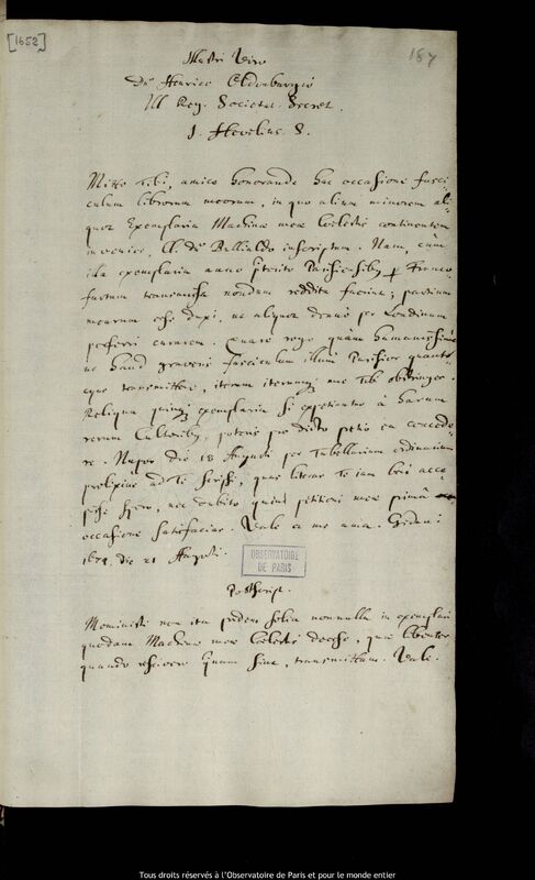 Lettre de Jan Heweliusz à Henry Oldenburg, Gdansk, 21 août 1674