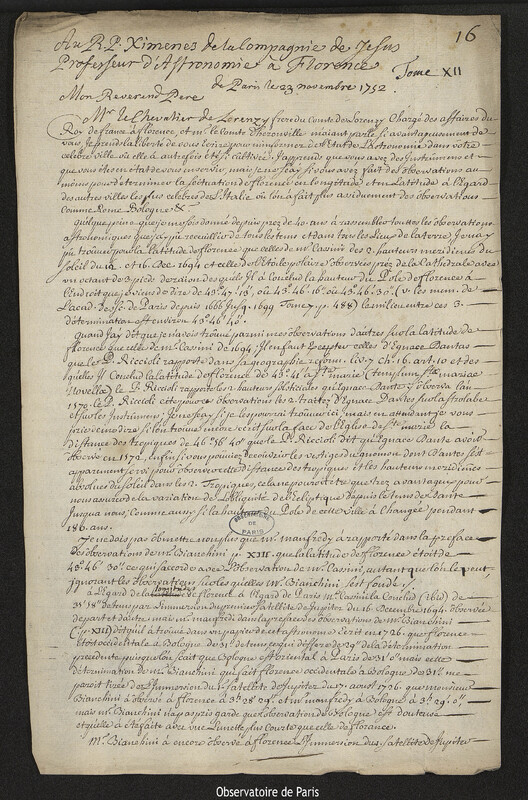 Lettre de Joseph-Nicolas Delisle à Leonardo Ximenes, Paris, 23 novembre 1752