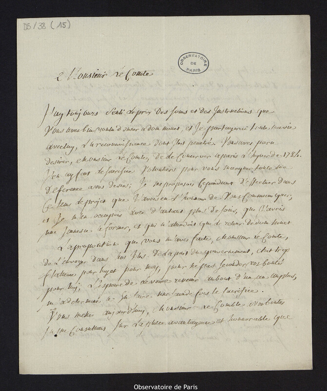 Lettre d'Antoine Chautan, abbé de Morimond à Cassini IV, 28 février 1785