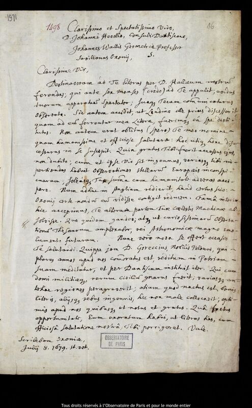 Lettre de John Wallis à Jan Heweliusz, Oxford, 8 juillet 1679