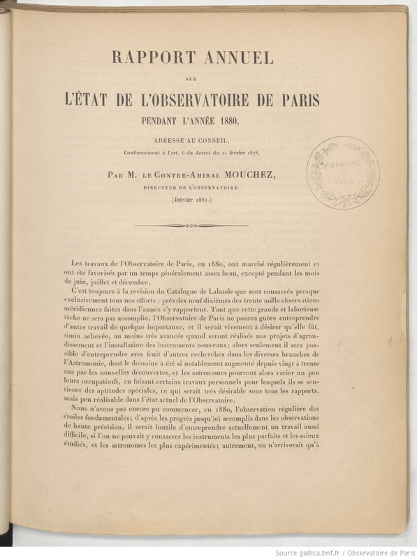 (1878-1940) Rapport annuel sur l'état de l'Observatoire de Paris