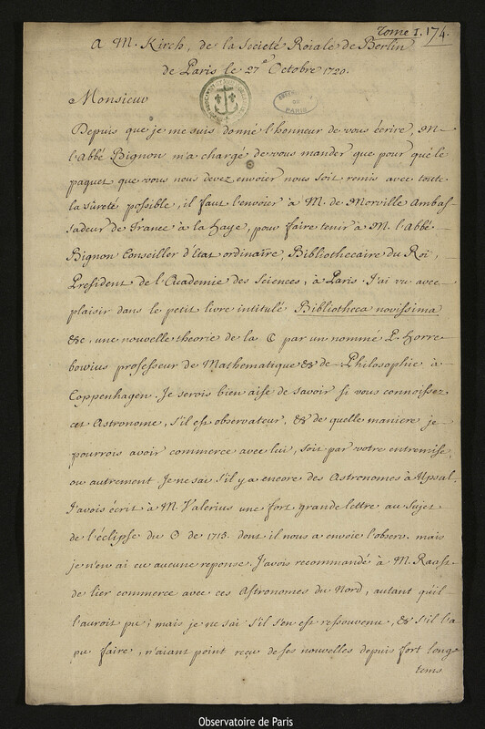 Lettre de Joseph-Nicolas Delisle à Christfried Kirch, Paris, 27 octobre 1720