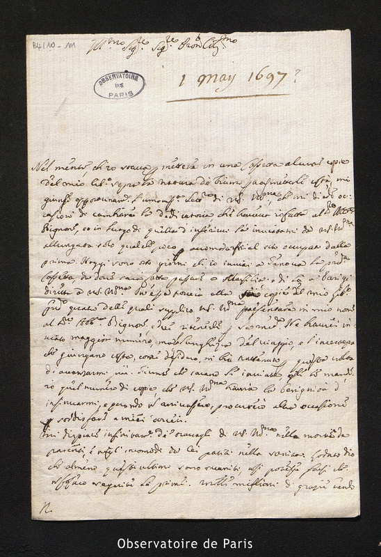 Lettre de Guglielmini à [Cassini I], Bologne le may 169[7]