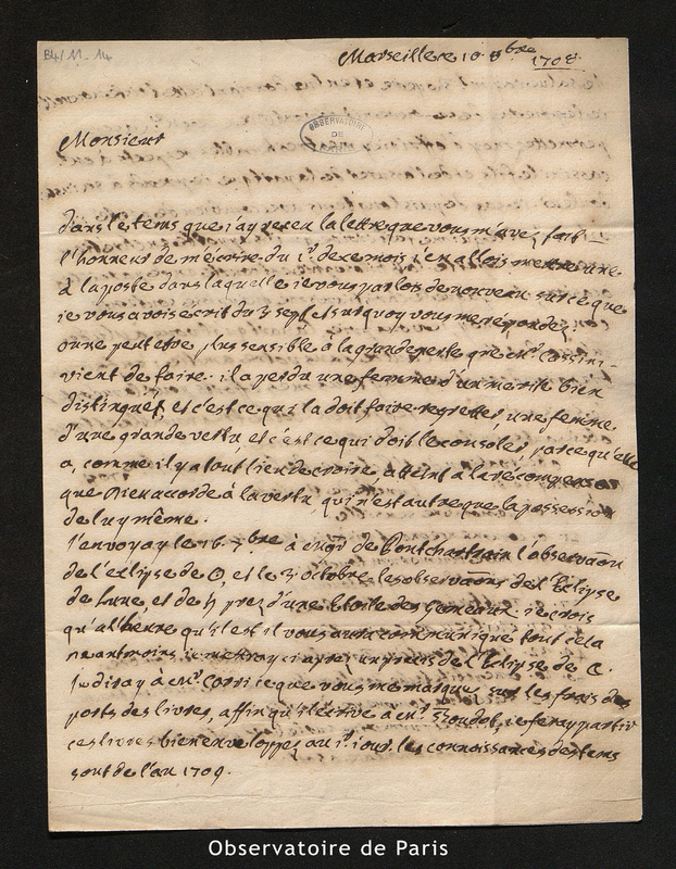 Lettre de Laval à Maraldi, Marseille le 10 octobre 1708