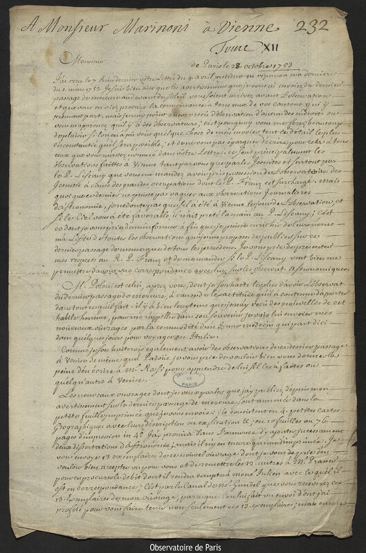 Lettre de Joseph-Nicolas Delisle à Giovanni Giacomo Marinoni, Paris, 28 octobre 1753