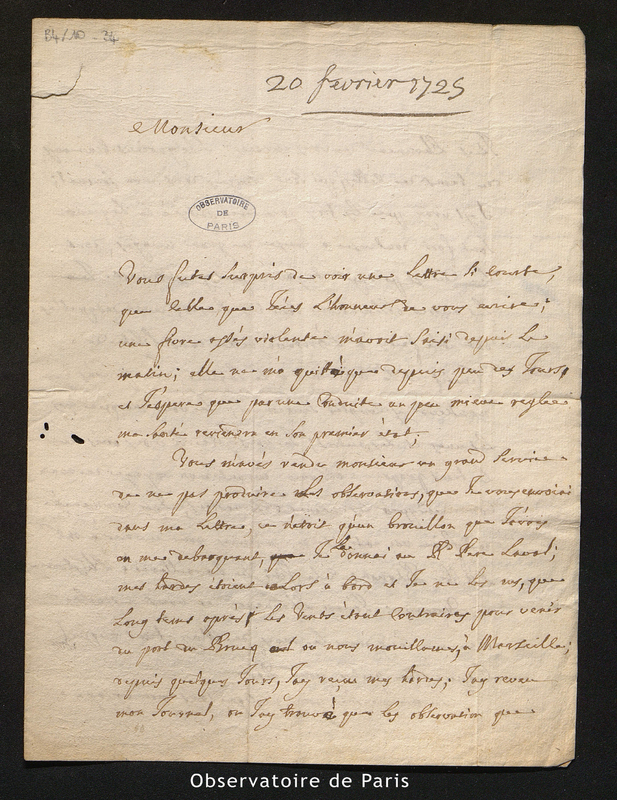 Lettre de Feuillée à Cassini [II], Marseille le 20 février 1725