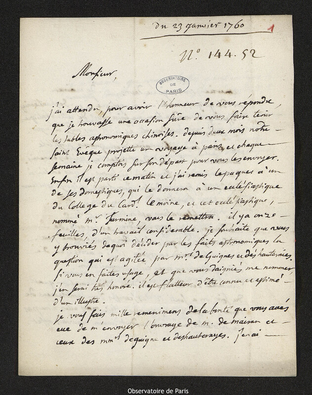 Lettre de Louis Patouillet à Joseph-Nicolas Delisle, Amiens, 23 janvier 1760