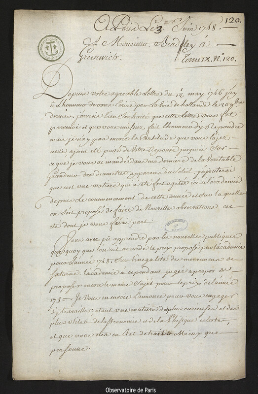 Lettre de Joseph-Nicolas Delisle à James Bradley, Paris, 3 juin 1748