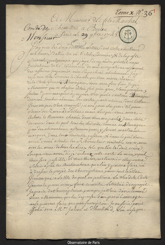 Lettre de Joseph-Nicolas Delisle à comte Samuel de Schmettau, Paris, 29 novembre 1748