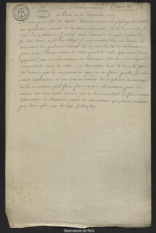 Lettre de Joseph-Nicolas Delisle à Jacques Cassini, Paris, 16 novembre 1723