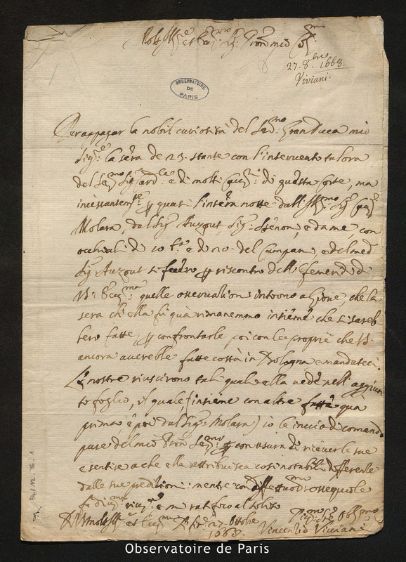 Lettre de Vincenzo Viviani à [Cassini I], Florence le 27 octobre 1668