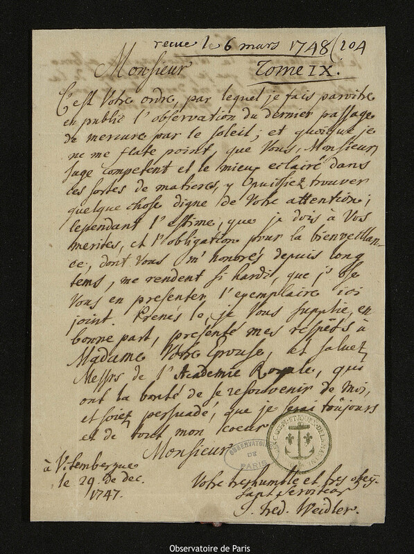 Lettre de Johann Friedrich Weidler à Joseph-Nicolas Delisle, Wittenberg, 29 décembre 1747