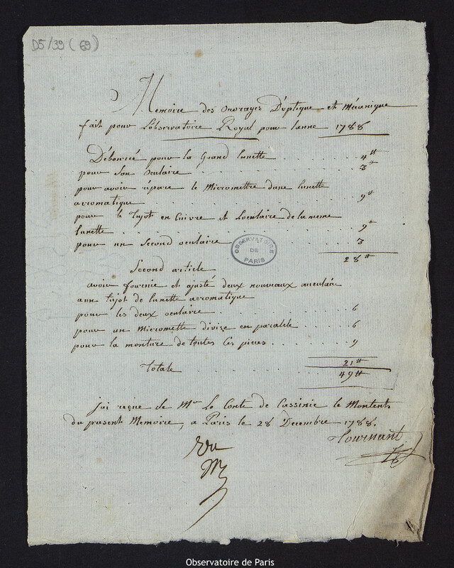 TOURNANT. Mémoire des ouvrages d'optique et mécanique faits pour l'Observatoire Royal pour l'année 1788