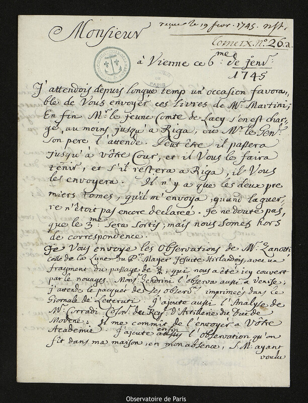 Lettre de Giovanni Giacomo Marinoni à Joseph-Nicolas Delisle, Vienne, 6 janvier 1745