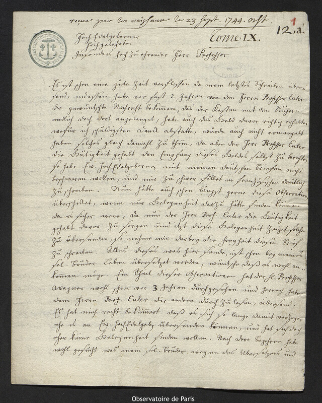 Lettre de Christine Kirch à Joseph-Nicolas Delisle, Berlin, 24 juillet 1744