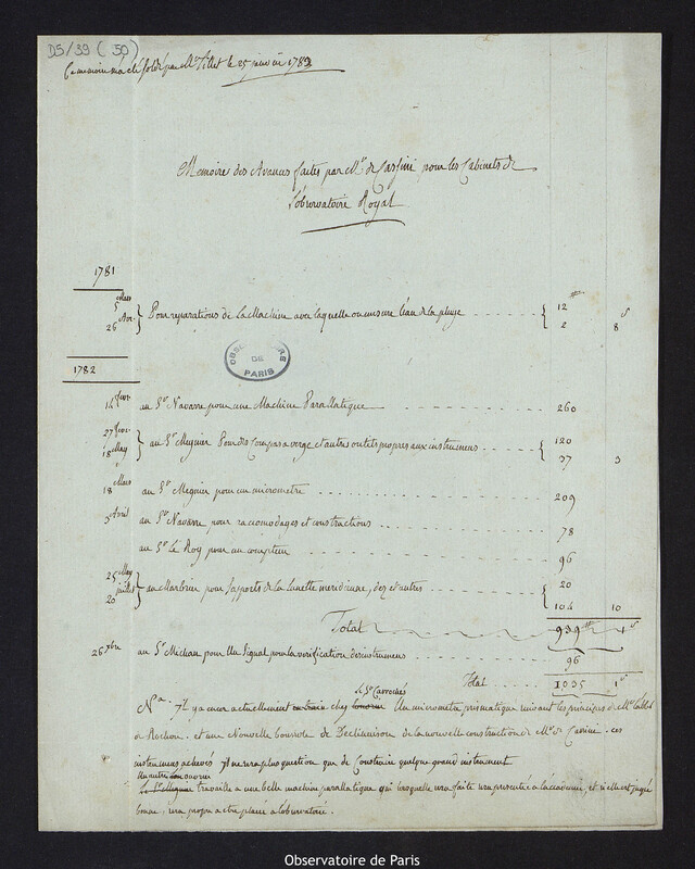 Mémoire des avances faites par Mr de Cassini pour les cabinets de l'Observatoire Royal